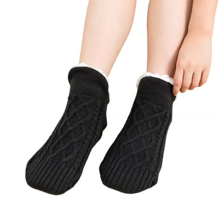 

Women s Winter Thickened Slippers Garter Bottom Non-Slip Christmas Warm Socks Lamb Fleece Slipper Socks Black 1PCS