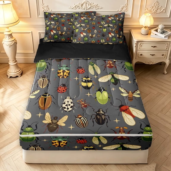 Erosebridal Cute Beetles Zipper Twin Comforter Sets with Fitted Sheet and 2 Pillowcases,Dreamy Bug Theme Zipper Bedding Set,Gray Green,Black Reversible,4pcs