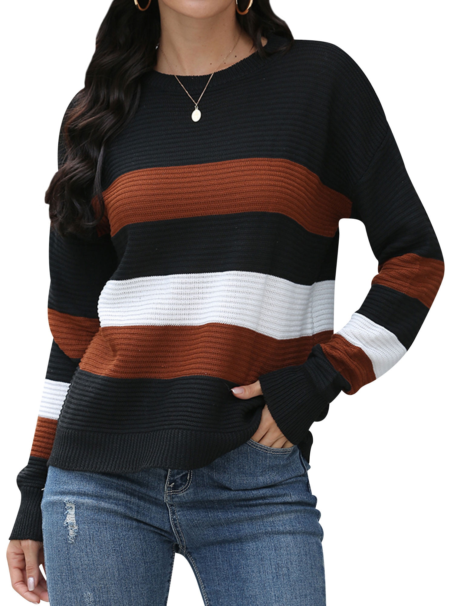 HUBERY - HUBERY Women Colorblock Stripe Crew Neck Long Sleeve Sweater ...