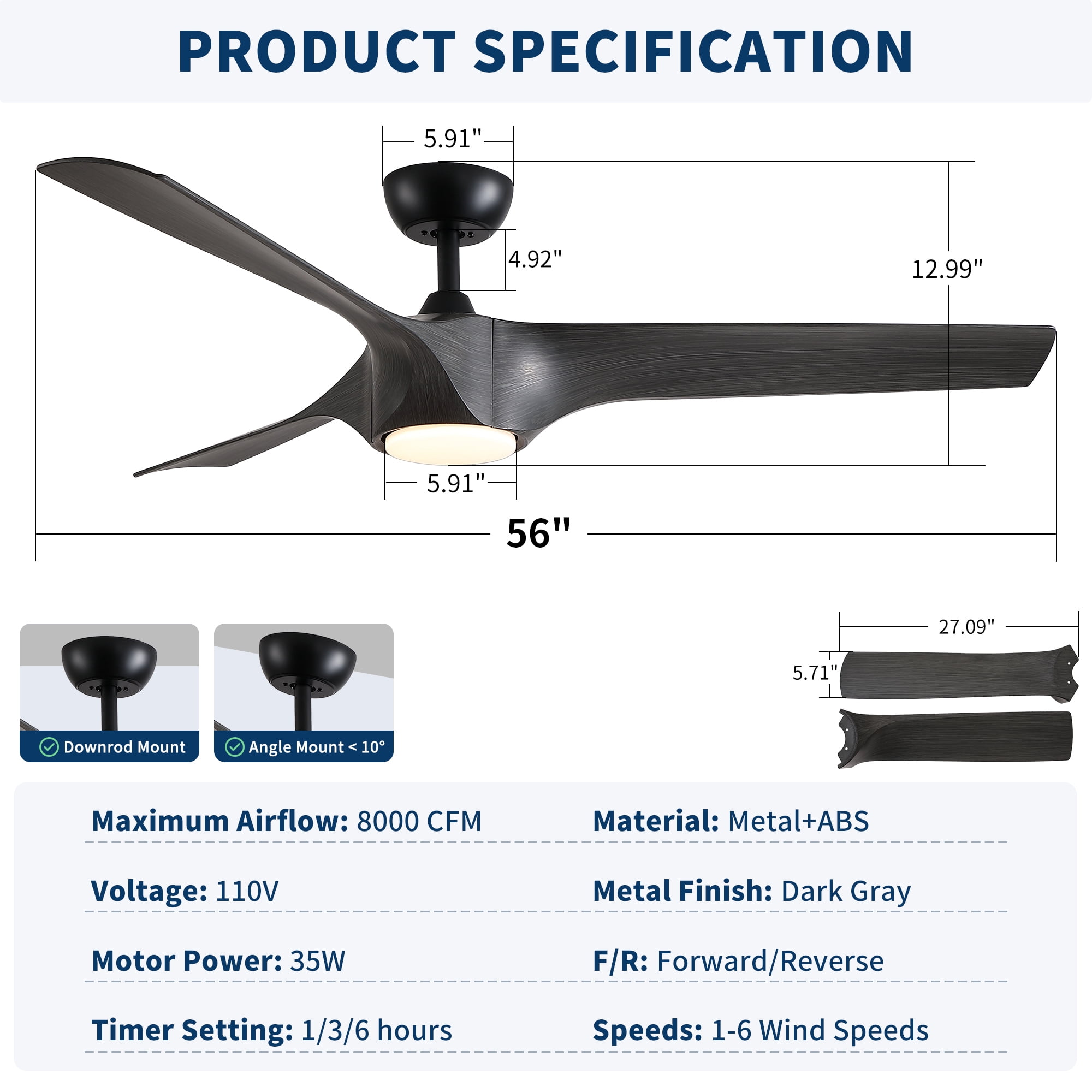 Leumius 56" Modern Farmhouse Reversible Quiet Motor Ceiling Fan Light with Dark Gray ABS Blades for Living Room Bedroom