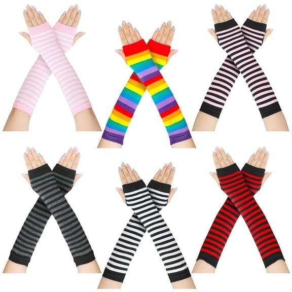 Bocaoying 6 Pairs Arm Warmers For Women, 10.62 inches Fingerless Gloves, Long Gloves Winter Mittens Length Knitted Arm Warmers, Striped Arm Warmers for Women