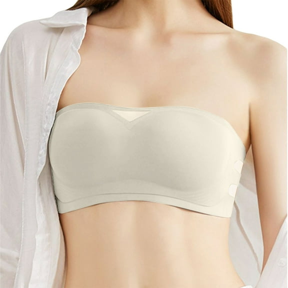 DondPO Bandeau Bras for Women Wireless Strapless Bras for Women Womens Bandeau Bra Strapless Bra No Underwire Padded Strapless Bras Strapless Bra Non Slip Beige L