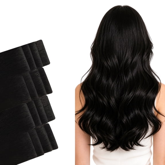 Vlasy Tape In Human Hair Extensions 12 Inches Human Hair Tape-In Extensions Invisible Tape-In Hair Extensions PU Skin Seamless Tape-In 16 Pieces #1B