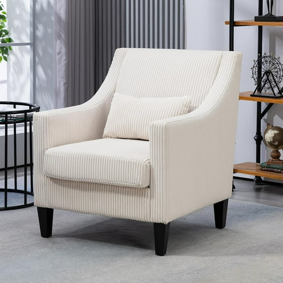BISHE Mid-Century Modern Corduroy Accent Chair with Soft Cushions, Upholstered Armchair for Living Room, Bedroom, Office, Lounge, Comfortable Single Sofa Chair,Beige