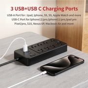 Larmtek 10-Outlet Surge Protector Power Strip with 4 USB Ports - 15 ft Extension Cord, Plug & Computer Safe,Black
