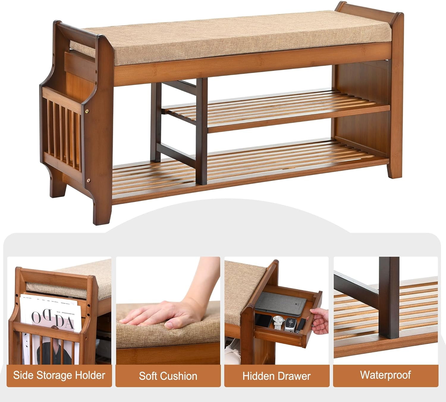 Shoe Bench with Hidden Drawer and Side Holder, 2 Tier Entryway Bench with Storage 39.4 in, Bamboo Shoe Rack with Cushion for Entryway Hallway Living Room Bedroom