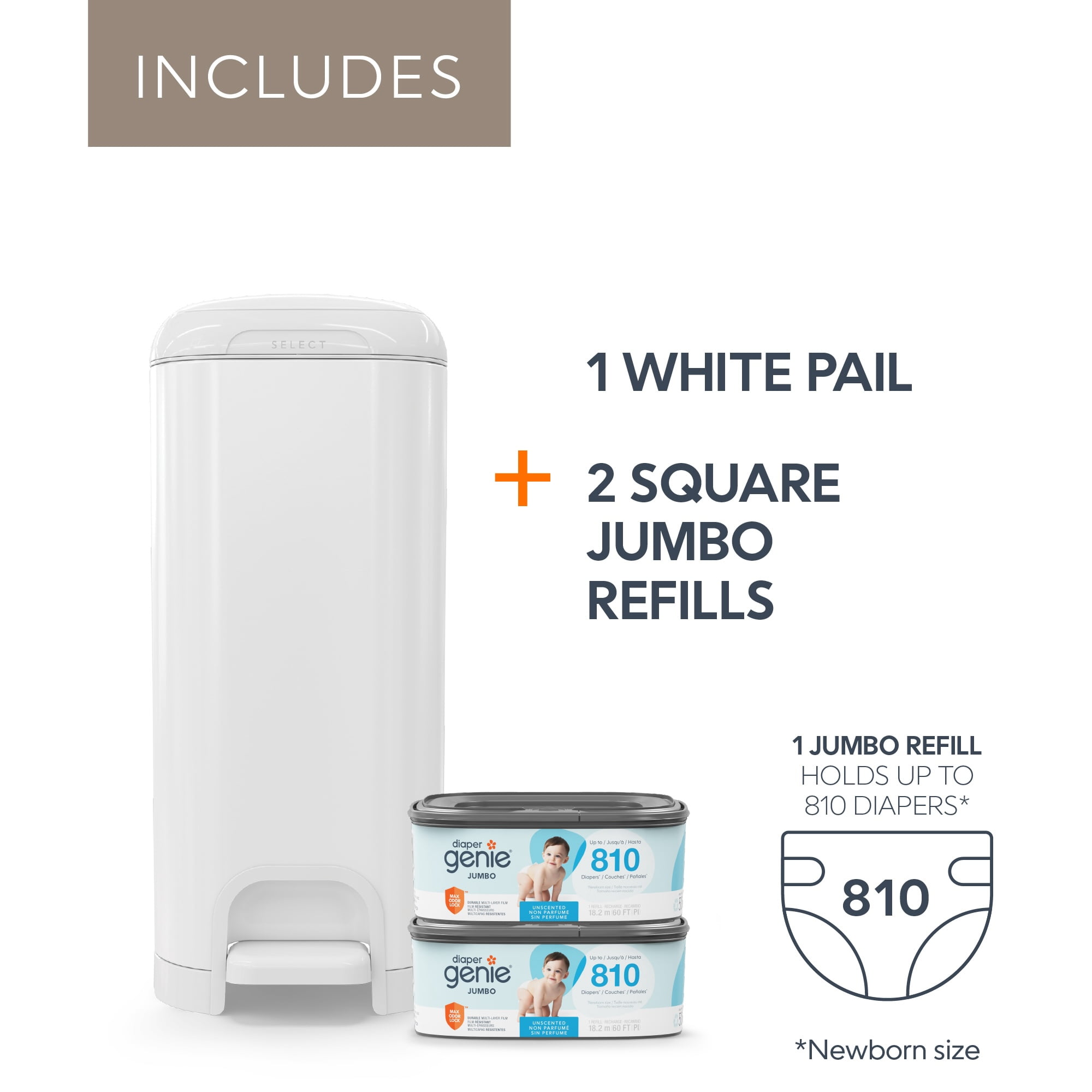 Diaper Genie Select Gift Set,White,Stainless Steel,1 Diaper Pail,2 Jumbo Square Refills-1620 Count, Infant