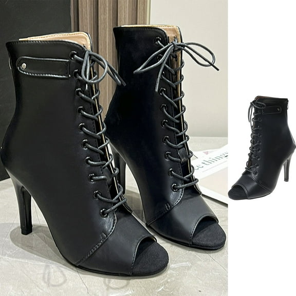 Jacenvly 2024 New Dancing High Heel Baotou Sandals Lace up Hollow Out Thin Heel Leather Boots Cool Boots Black Sandals for Women