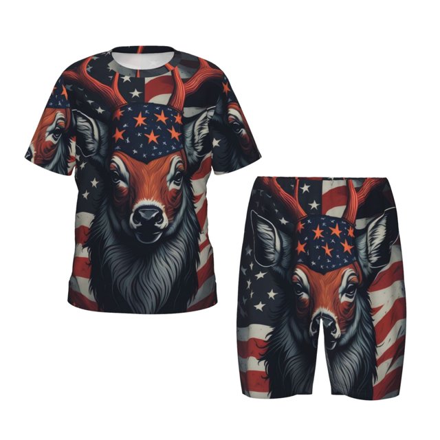 Balery Modern USA Deer Head Conjunto de Pijama Infantil de Manga Corta con Estampado – Ropa de Dormir de Algodón Suave-Medium