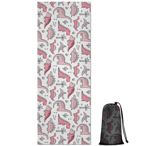 Pink Dinosaurs Palms Bones Pattern Hot Yoga Mat Towel Non Slip for Hot Yoga - Quick-Drying Yoga Mat Cover with 4 Corner Pockets with Travel Bag - Hot Yoga Towel Non Slip 70"x26"