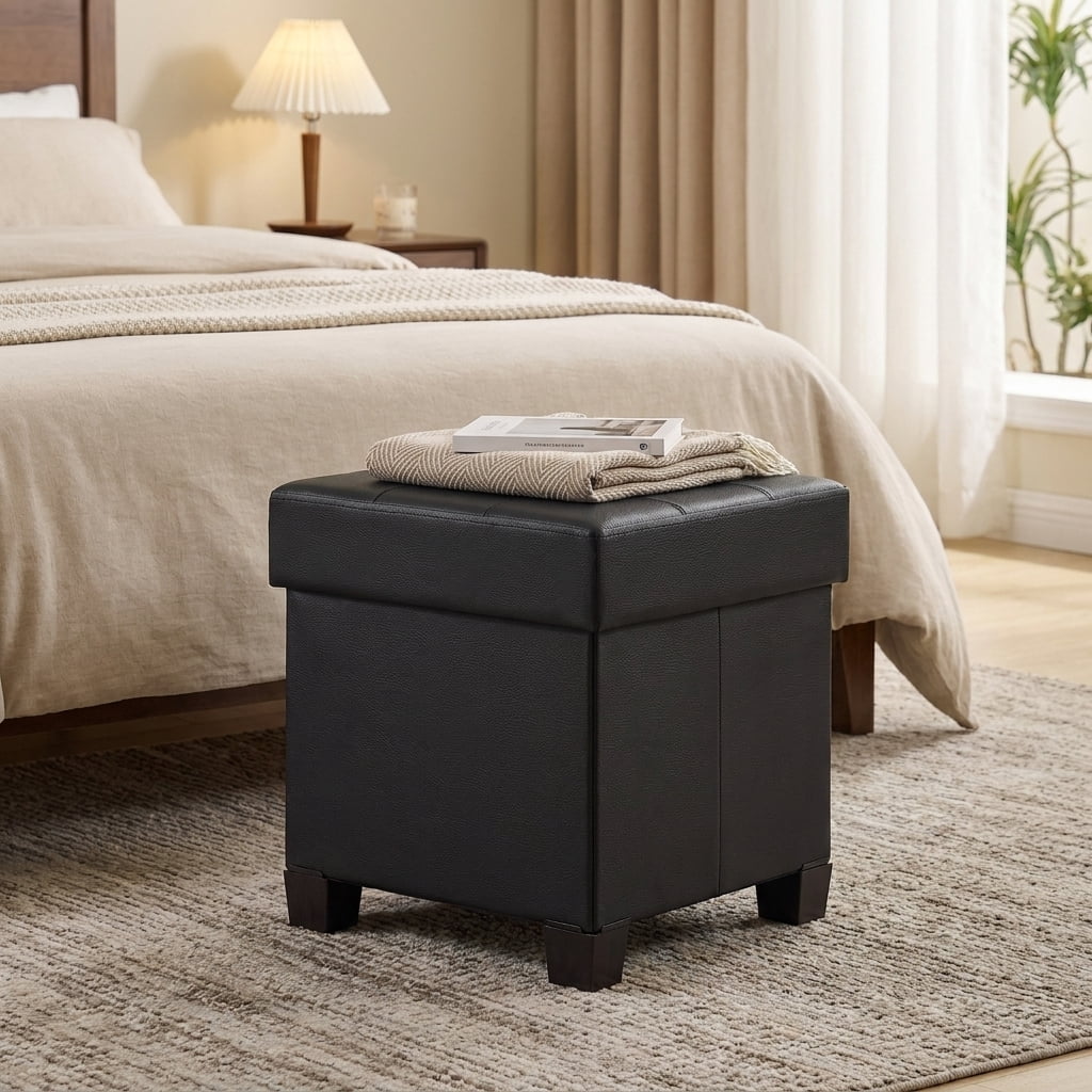 Ledrem Ink Black Foldable Storage Ottoman Footrest with 660 lb Capacity