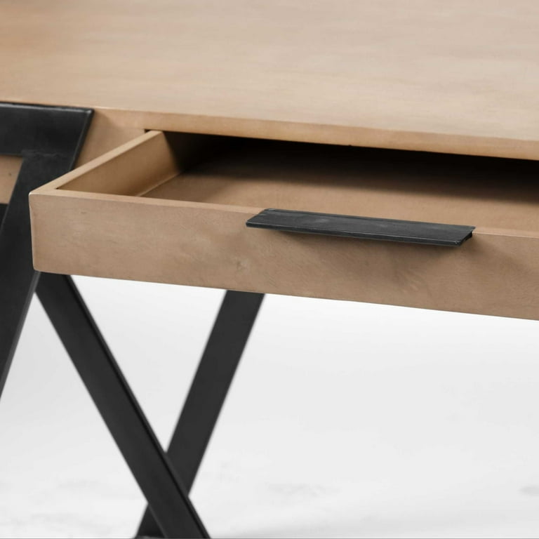 Solid Mango Wood Finish Writing Desk With Single Storage And Black Triangular Iron Legs Solid Mango Wood Finish Writing Desk With Single Storage And Black Triangular Iron Legs