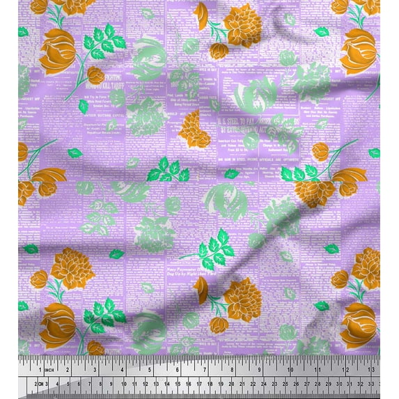 Soimoi Purple Cotton Duck Fabric Text & Chrysanthemum Floral Fabric Prints By Yard 42 Inch Wide