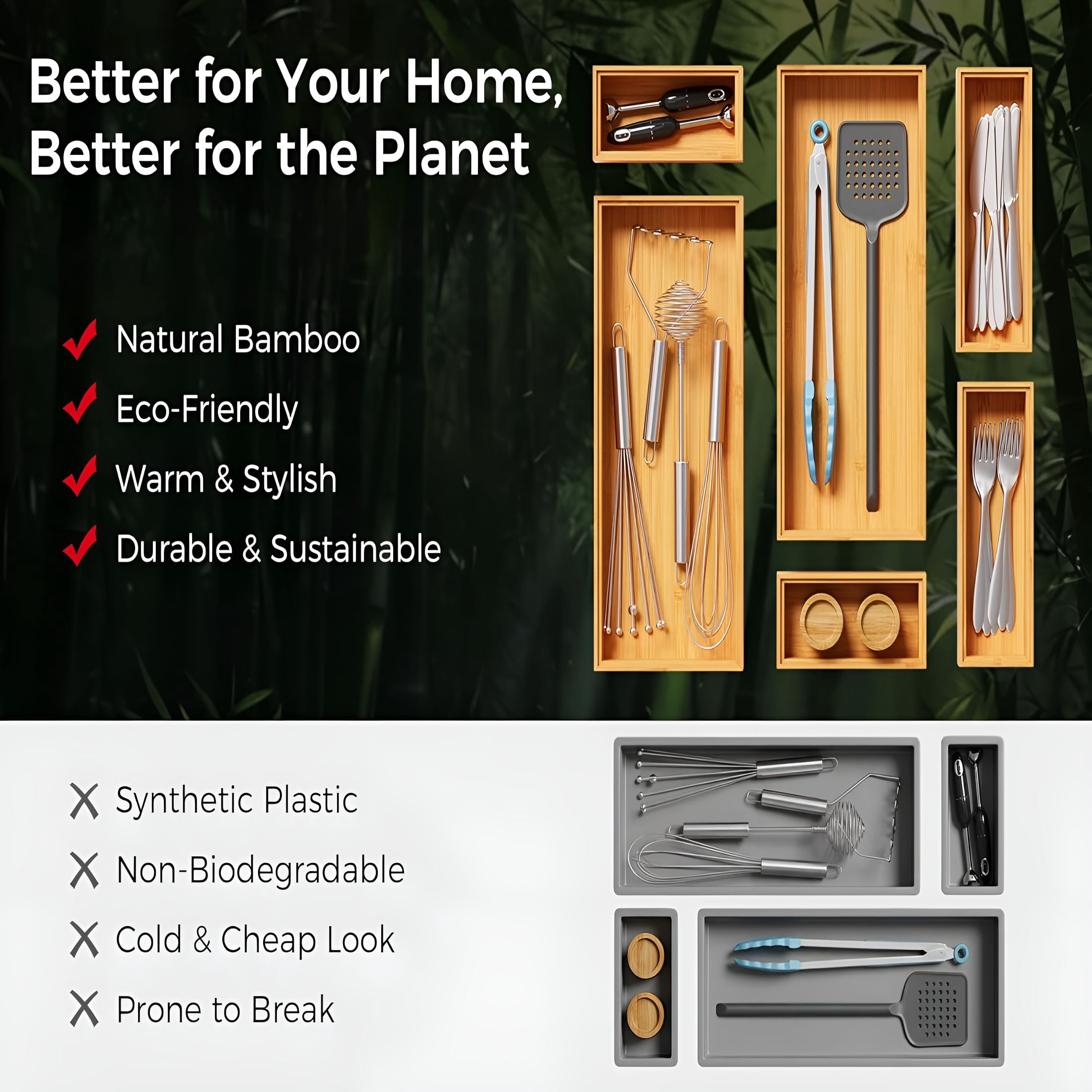XIBUFE 2026 New Bamboo Kitchen Drawer Organizer Boxes – 15" X 6" Stackable Wood Silverware Utensil Tray for Drawers Bins,Cutlery&Flatware Storage – Wooden Organizers Set of 2 for Junk Drawer,Bathroom