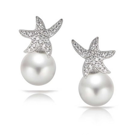 Nautical Bride White Simulated Pearl Pave CZ Starfish Stud Earrings For Women For Prom 925 Sterling Silver