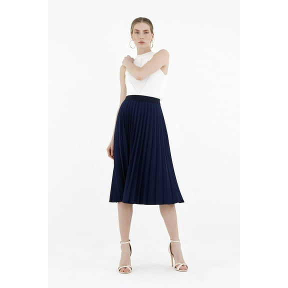 Navy Pleated Skirt High Waist Elastic Waist Band Midi Skirt