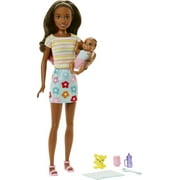 Barbie Skipper Babysitters Inc Brunette Doll in Flowered Skirt with Baby Doll & 5 Themed Pieces