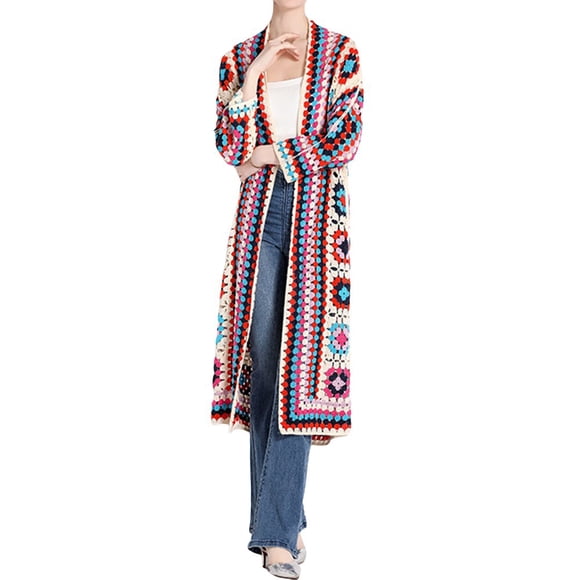 YOPTOP Women Bohemian Crochet Long Cardigan Floral Sweater Long Sleeve Open Front Knitwear Coat Fall Outwear,rosered,One Size