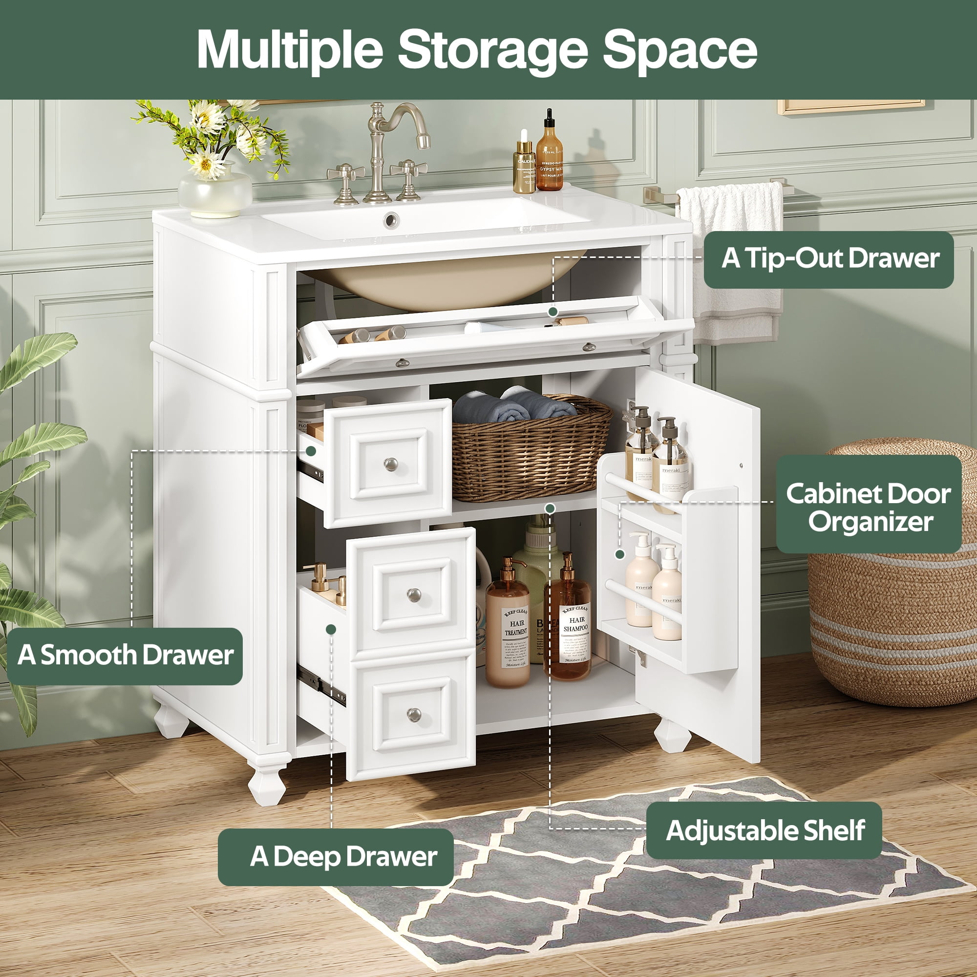 Harper & Bright Designs 30" White Bathroom Vanity with Sink, Freestanding Storage Cabinet with Soft Close Doors, Bathroom Floor Cabinet with Door Organizer