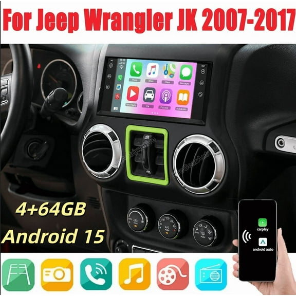 4 64GB Android 15 Car Stereo For Jeep Wrangler JK 2007-2017 - 7" IPS Touchscreen, CarPlay & Android Auto Compatible with GPS, WiFi, Mirror Link, Bluetooth, SWC   AHD Backup Camera & Microphone​