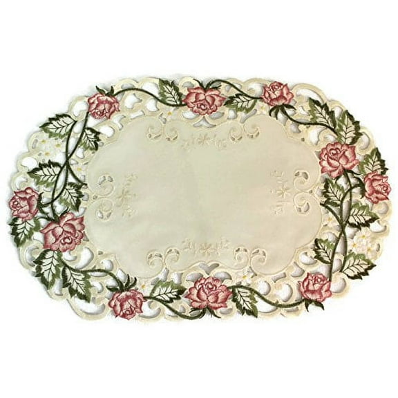 Doily Boutique Placemat or Doily Embroidered with Victorian Pink Roses on Ivory Fabric, Size 11 x 17 inches