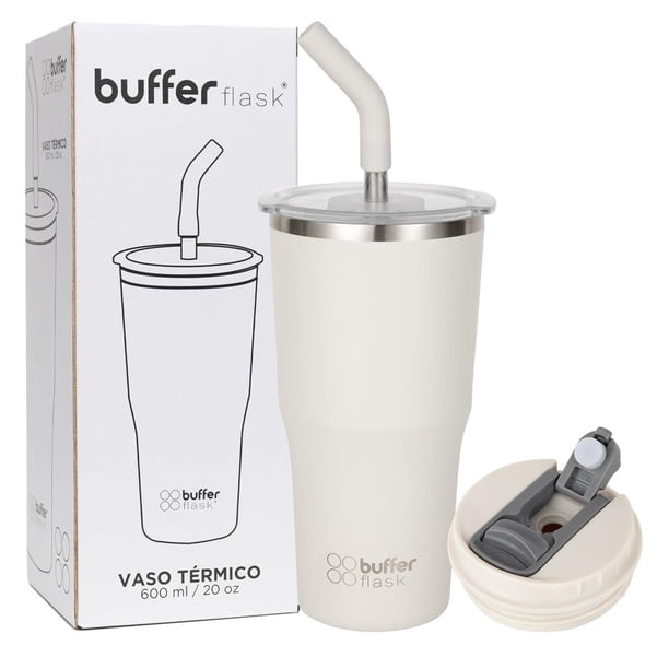 Vaso Térmico Buffer Flask Ivory Acero Inoxidable 600 ml con Tapa Anti Derrame y Popote
