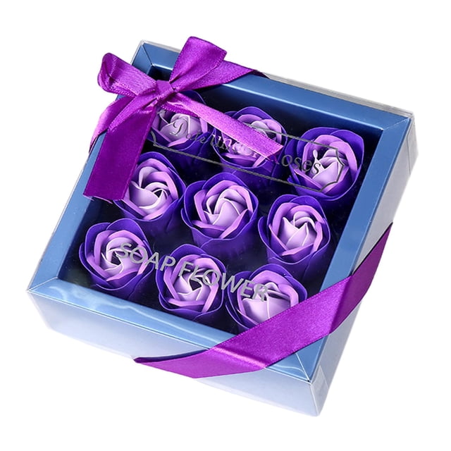 Juego de jabón de rosas florales artificiales en caja de regalo, adorno hecho a mano, 13,5x13,5x5cm, regalo del Día de San Valentín para el día del , Púrpura
