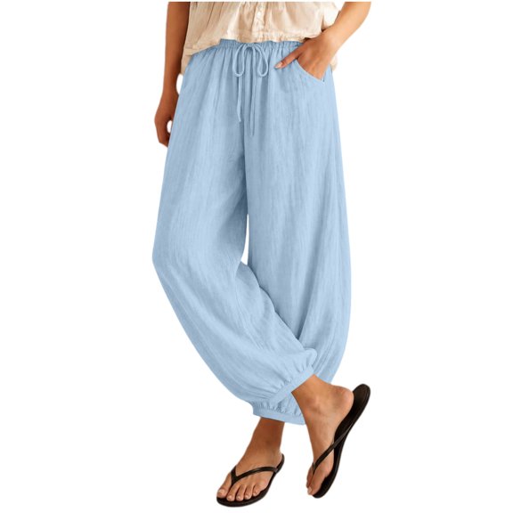 LEAVINGSUO Women's Cotton Linen Pants Drawstring Elastic Waist Straight Loose Fit Jogger Trousers with Cuffed Hem Light Blue S