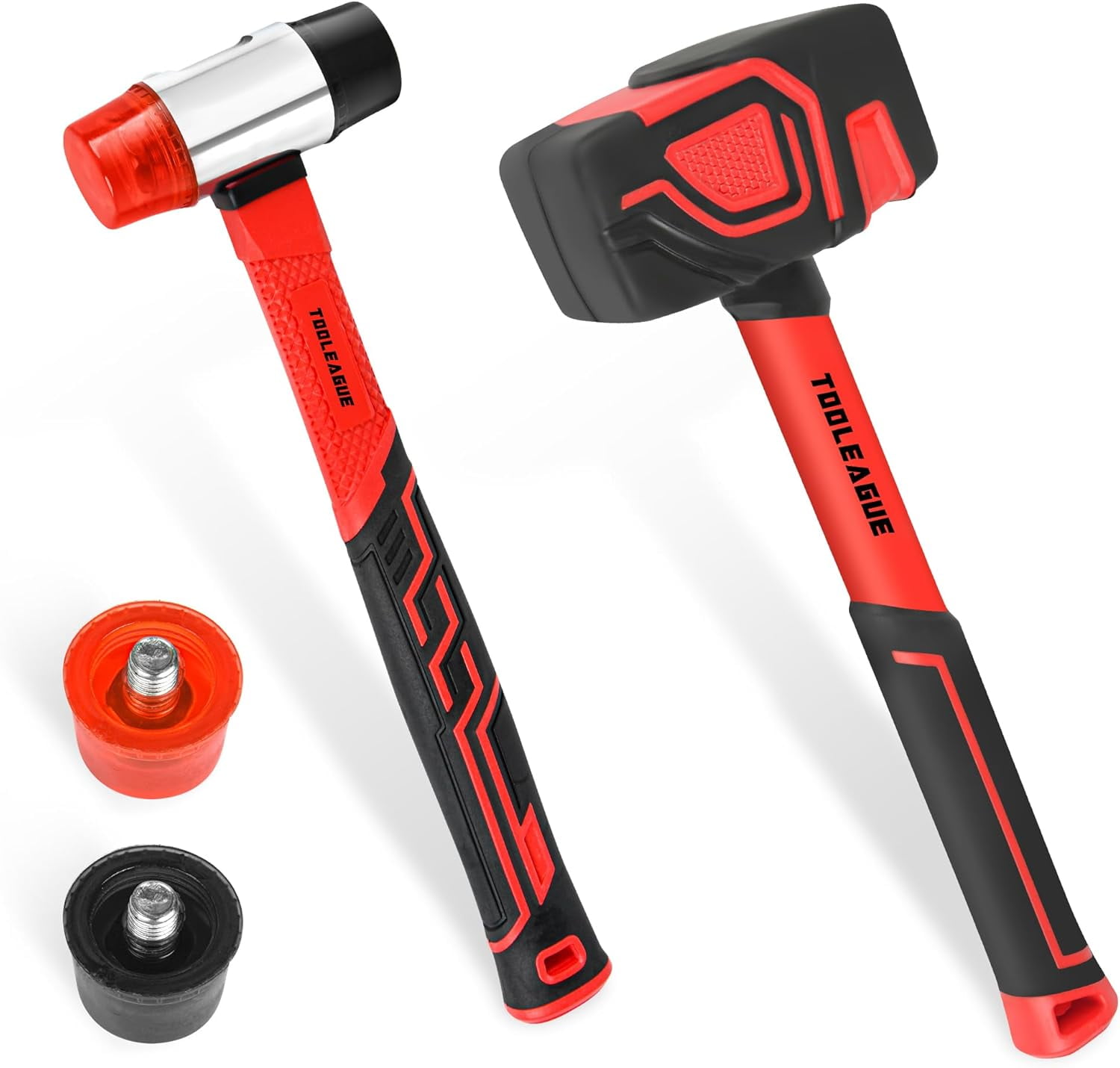 RGHJAR-2Pcs Hammer Set,16oz Rubber Mallet & 35mm Double-Faced Soft Mallet for Camping, Woodworking, DIY Projects, Landscaping,Flooring, Tent Stakes, Black and Red