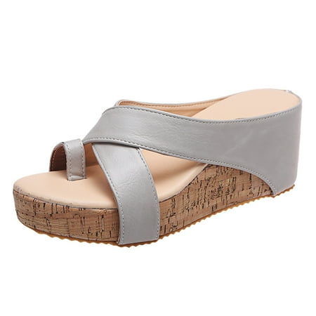 

HGWXX7 Women Open Toe Breathable Beach Sandals Slip-On Casual Solid Color Wedges Shoes For Women Grey 38