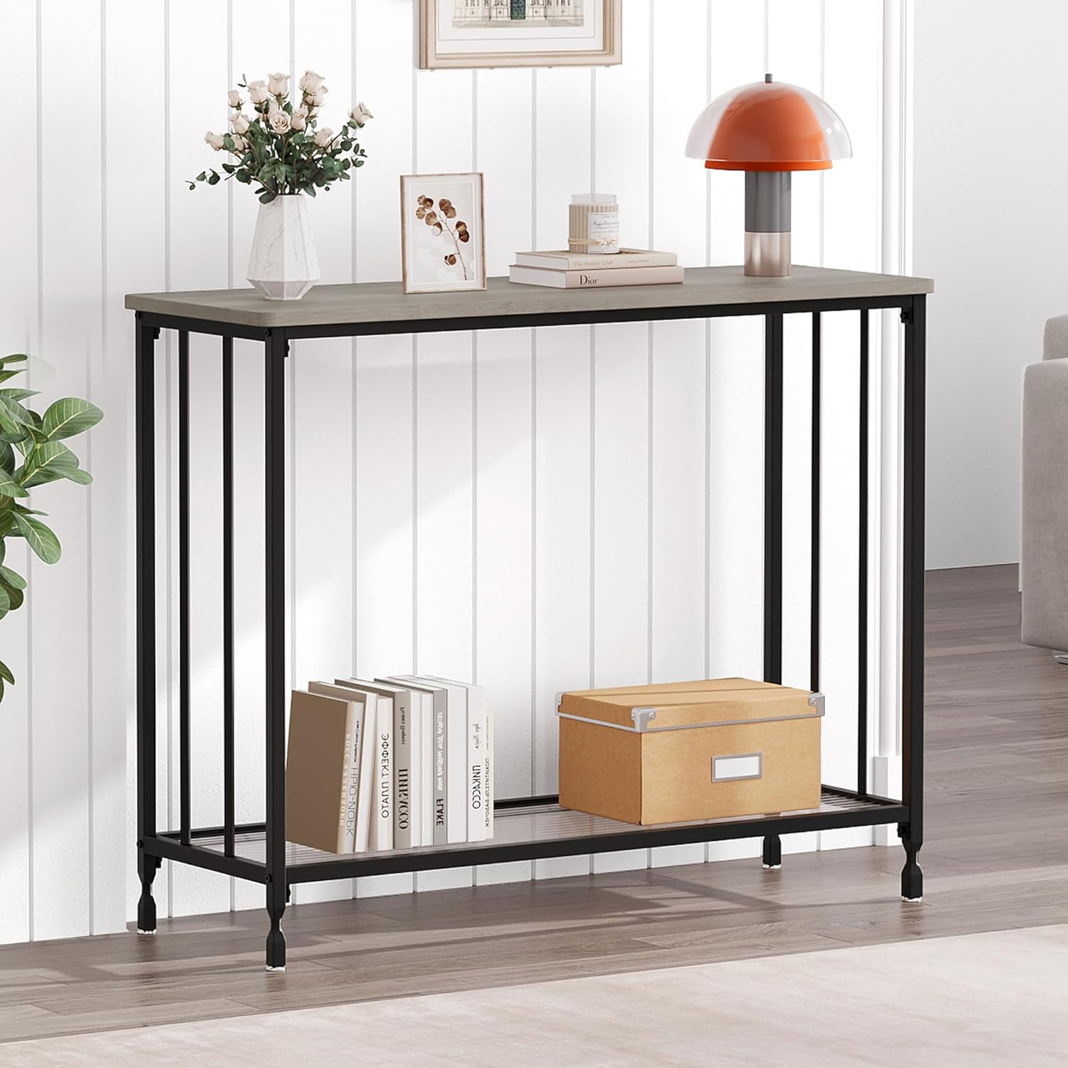 Console Table, Sofa Tables Narrow Entryway Table with Glass Shelf and Metal Frame, 33.5" Behind Couch Table Industrial Hallway Table for Living Room, Foyer, Bedroom, Rustic Grey