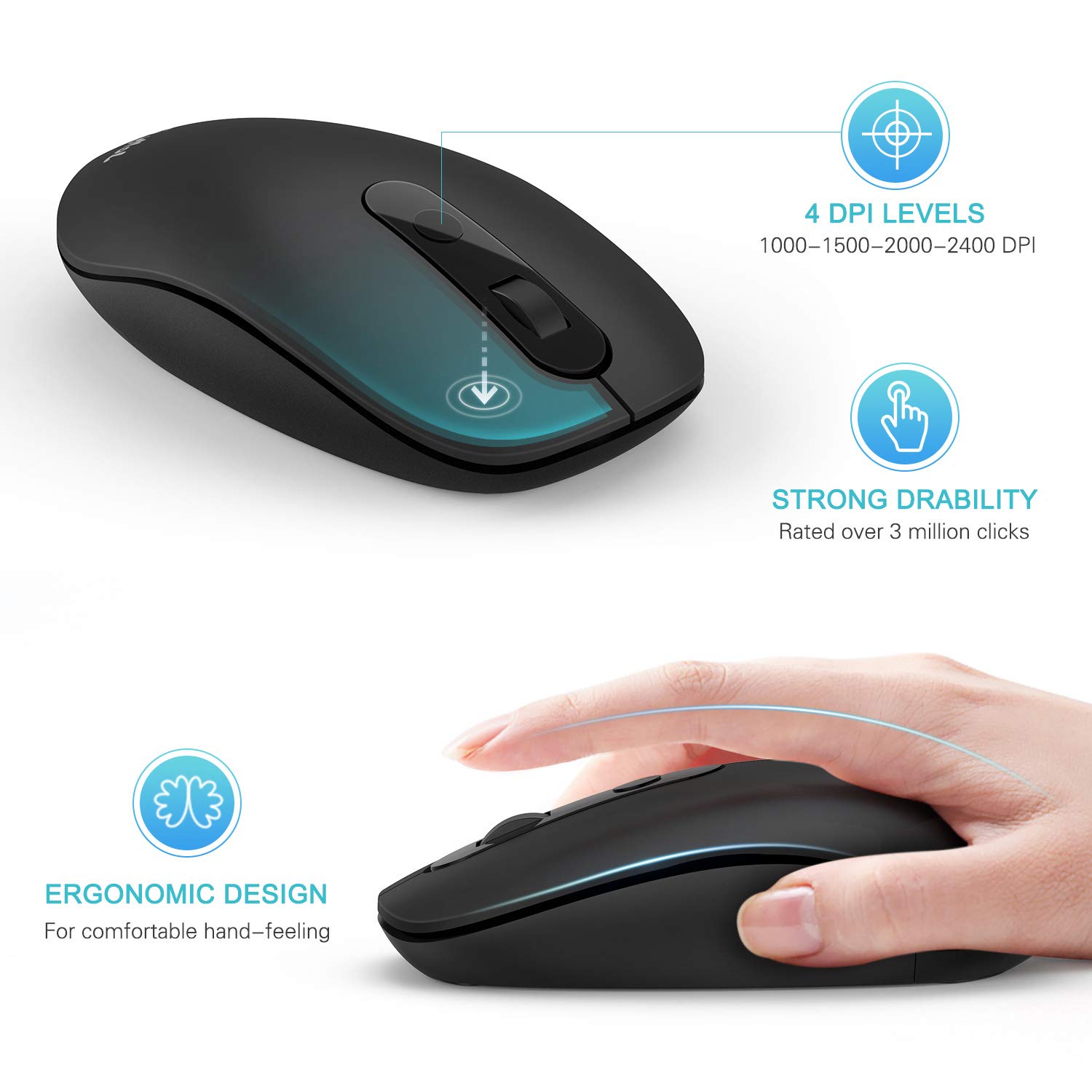 TQ Ergonomic Wireless Mouse – 1600 DPI, 5 Buttons, Optical, Silent – Black