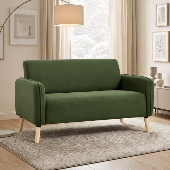 Bonzy Home 57.28" Loveseat Sofa, 2-Seater Short Plush Fabric Small Couch with Solid Wood Legs, Modern Compact Upholstered Sofa for Living Room Apartment Bedroom, Green