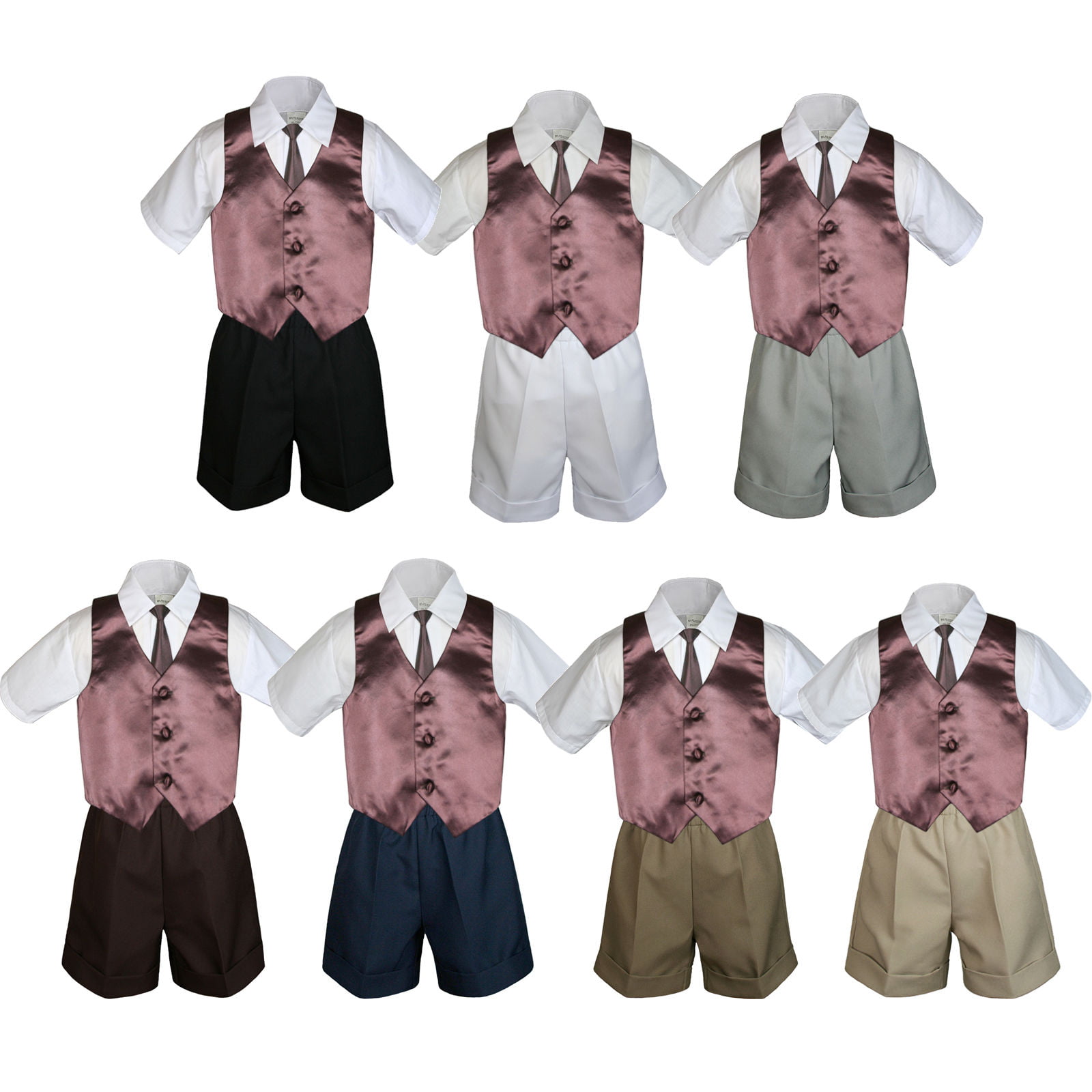 4pc Baby Boys Toddler Formal Coral Vest Necktie Khaki Brown Shorts Set Sm-4T 