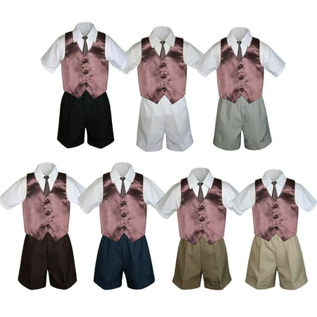 

4pc Baby Boys Toddler Formal Brown Vest Necktie Shorts Set Khaki Brown Gray S-4T