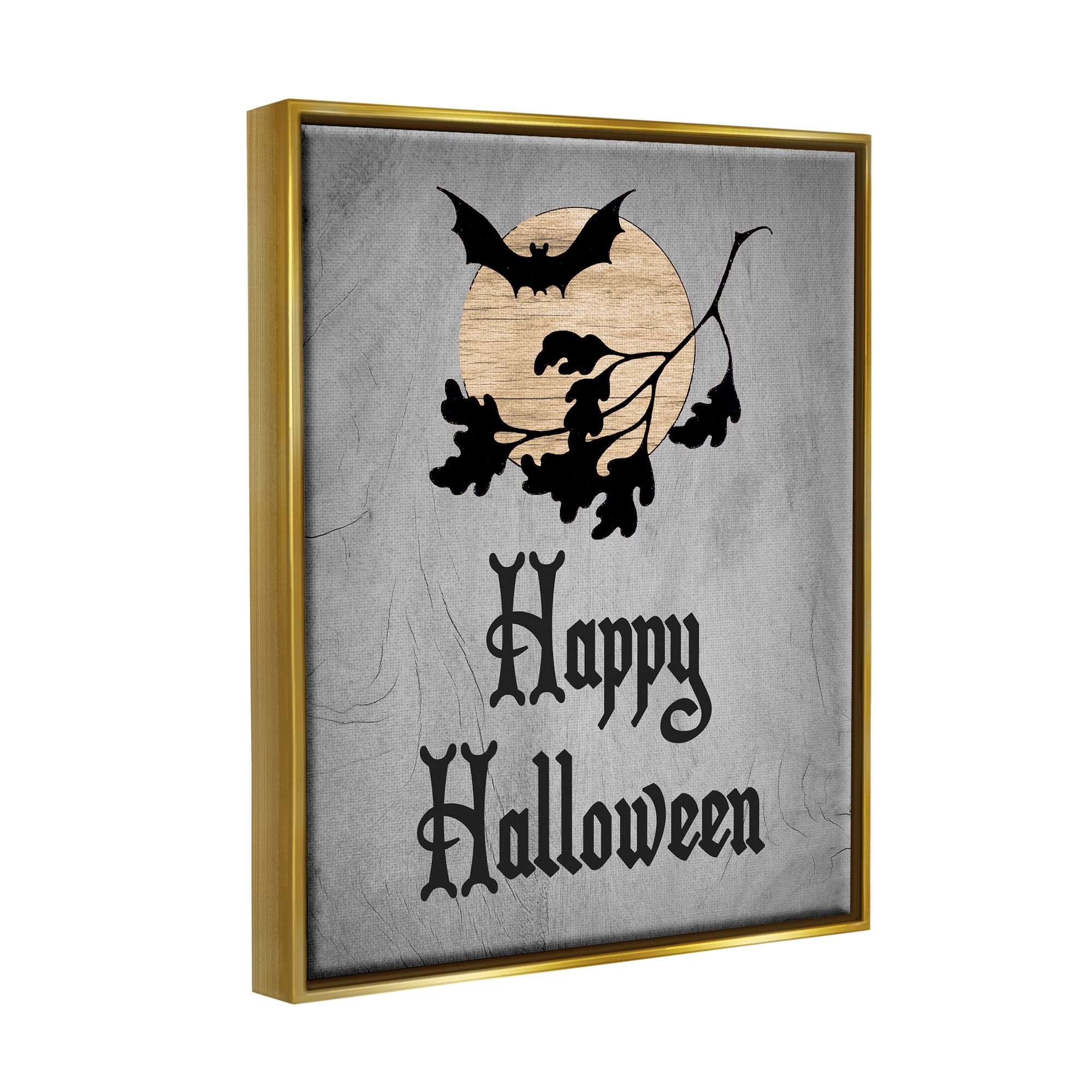 Stupell Industries Happy Halloween Bats Holiday Painting Gold Floater Framed Canvas Art Print Wall Art, 17 x 21
