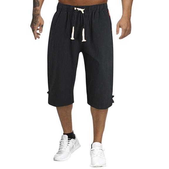 Pants For Men Work Casual Solid Plus Size Linen Bandage Pockets Calf-Length Trousers