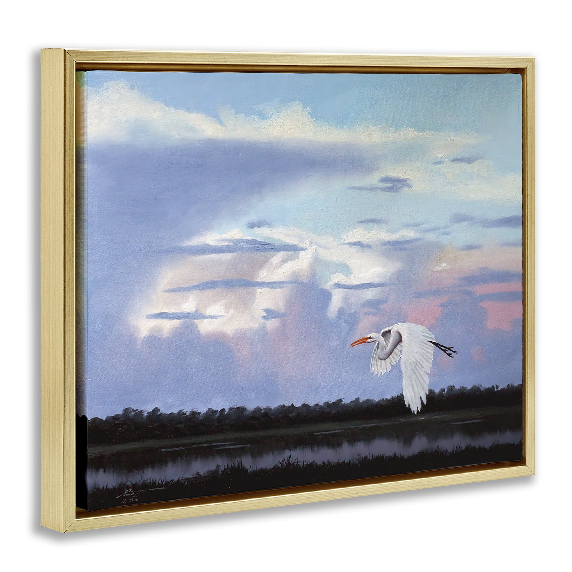 Stupell Industries Heron Flying Through Clouds Animals & Insects Painting Gold Floater Framed Canvas Art Print Wall Art, 21 x 17