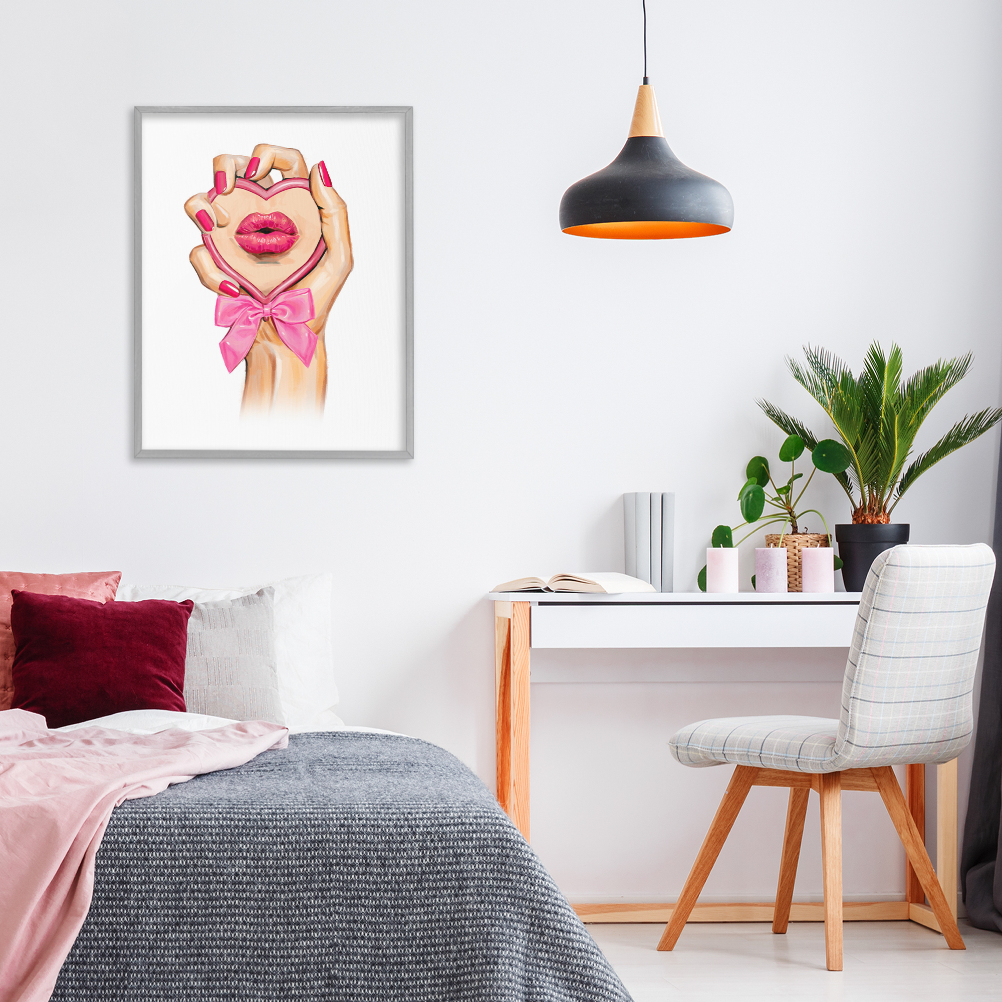 Pink Lips in Mirror Gray Framed Giclee Art, design by Ziwei Li