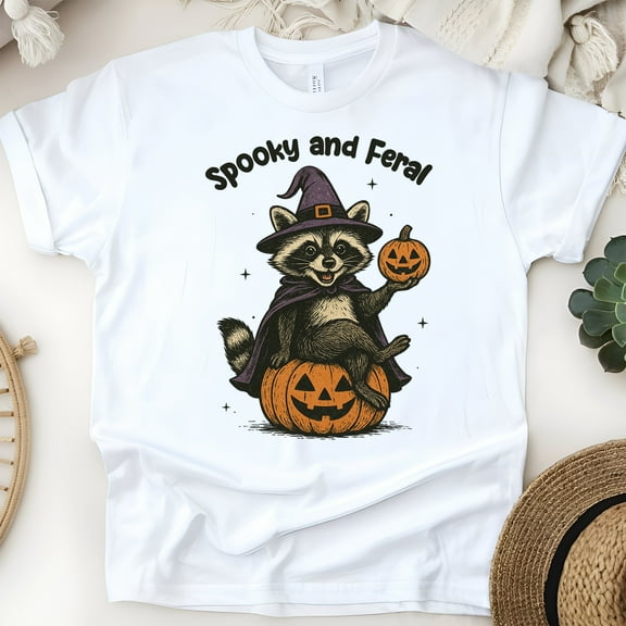 Spooky and Feral Raccoon Graphic T-Shirt, Funny Unisex Animal Halloween Tee , White, Size S