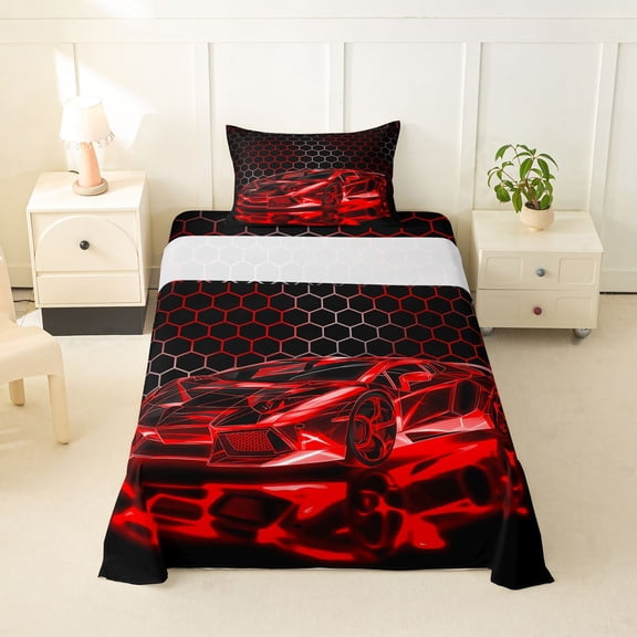Castle Fairy Neon Red Sports Car Twin Sheet Sets 3pcs for Teens, Grunge Hexagon Bedding for Bedroom, Red Black