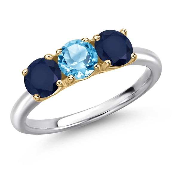 Gem Stone King 925 Silver and 10K Yellow Gold Swiss Blue Topaz and Blue Sapphire Engagement Ring for Women | 1.85 Cttw | Round 5MM | Gemstone November Birthstone | Size 6