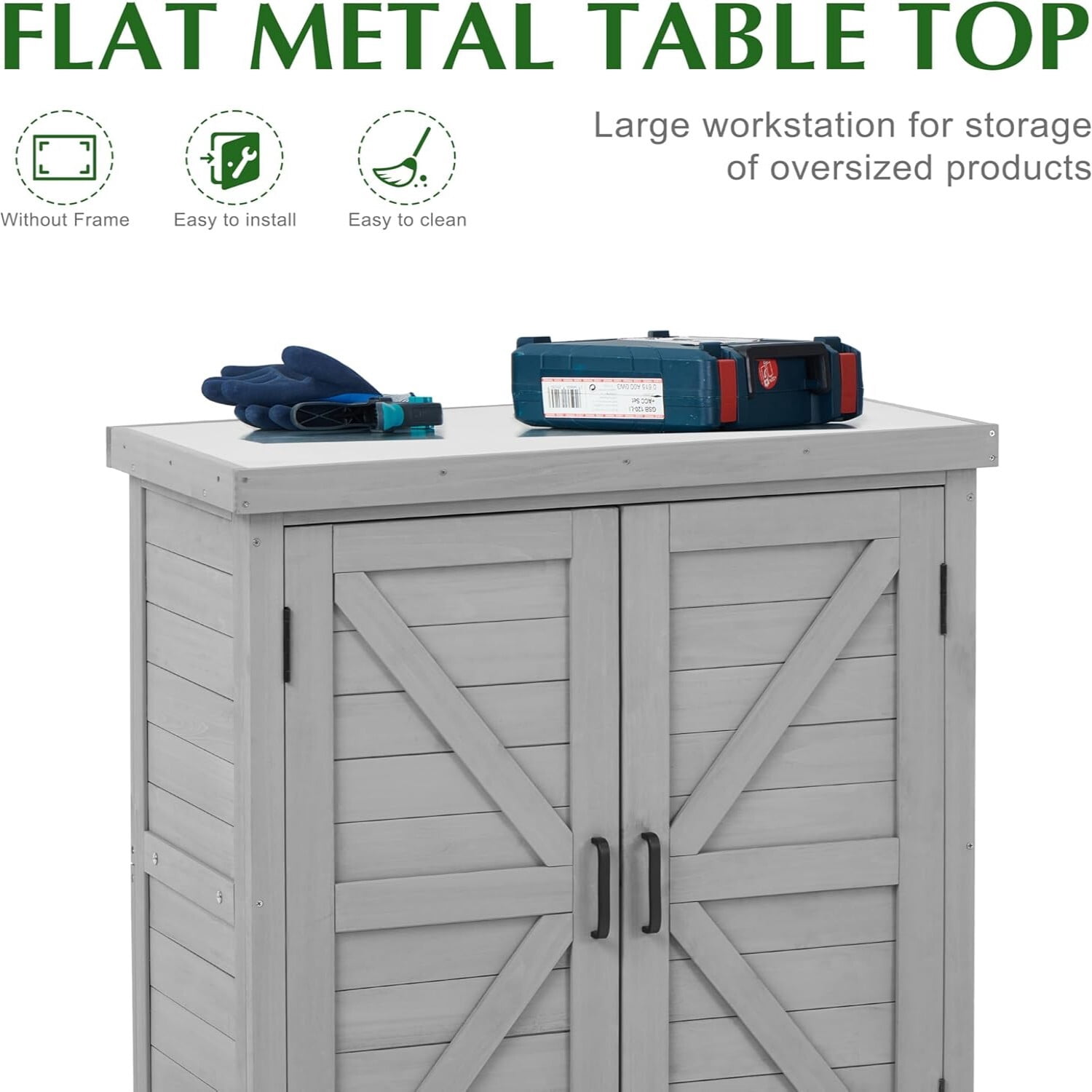 Easy4Home Wooden Outdoor Storage Cabinet with Metal Top Potting Bench Table Garden Workstation, Classic Gray