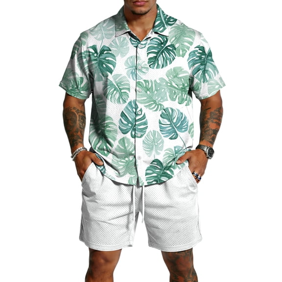 Men's Lightweight Hawaiian Shirt and Shorts Set Tropical Pattern Short Sleeve Button Down Beach Vacation Outfit Sky Blue M