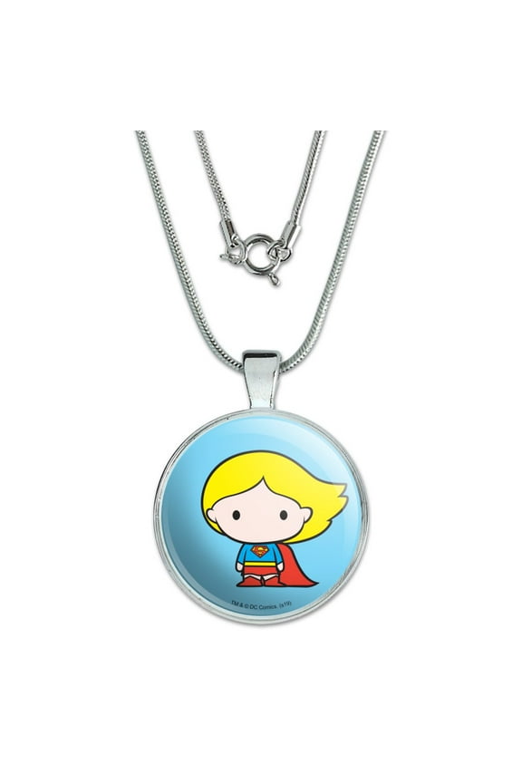 Superman Supergirl Cute Chibi Character 1" Pendant with Sterling Silver Plated Chain