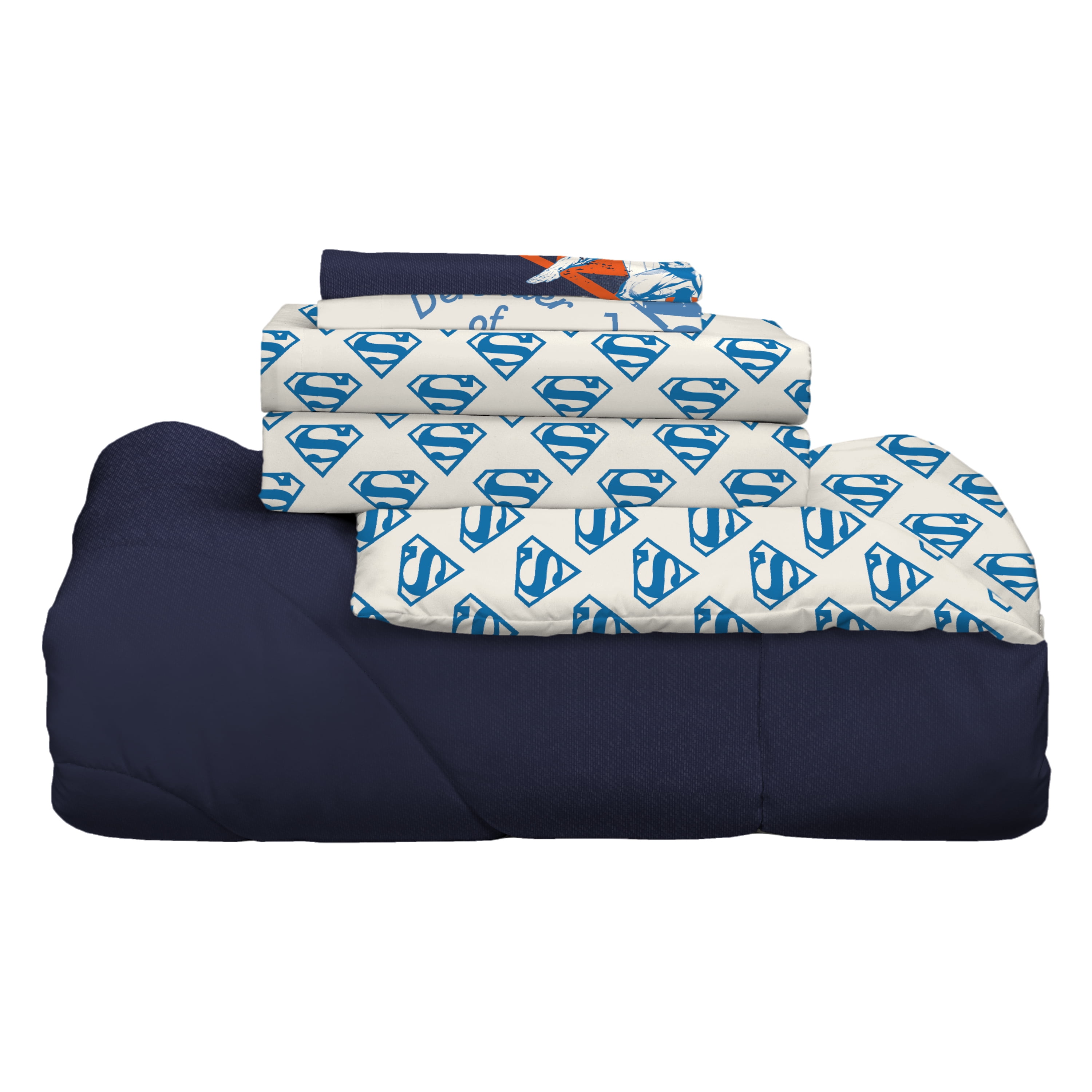 Superman Kids 5 Piece Blue Gray Reversible Comforter, Bed in a Bag, Full