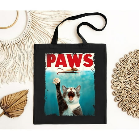vintage Short Sleeves Paws Tote Bag Funny Cat Jaws Parody Graphic -TH21029