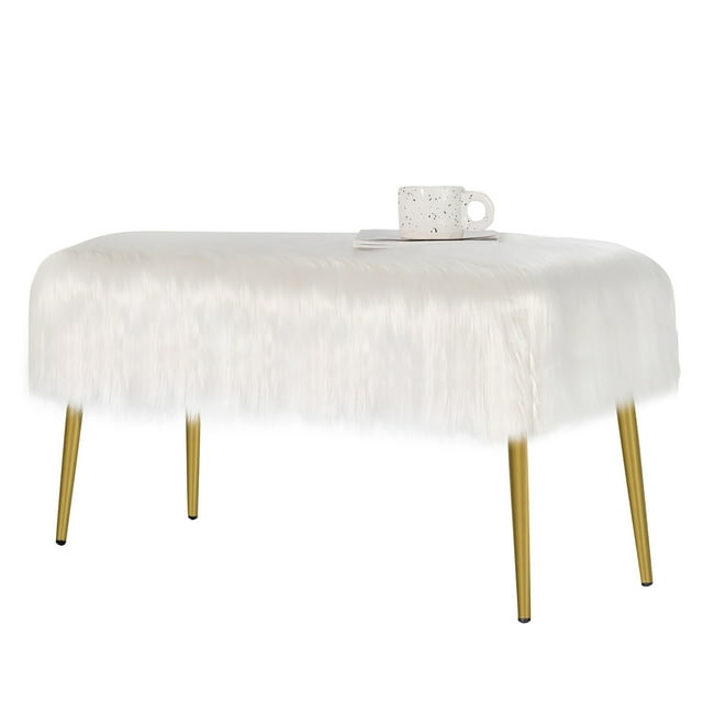 Costway Fauxfur Ottoman Bench Modern Vanity Bench Stool w/ Golden Legs White