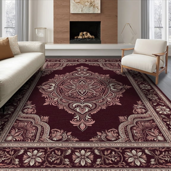 ODIKA 8'x10' Washable Area Rug Non-Slip Chair-Friendly Mat Deep Maroon Symmetrical Design Balanced Decorative Flat Accent for Dining Room, Large Office, Lounge
