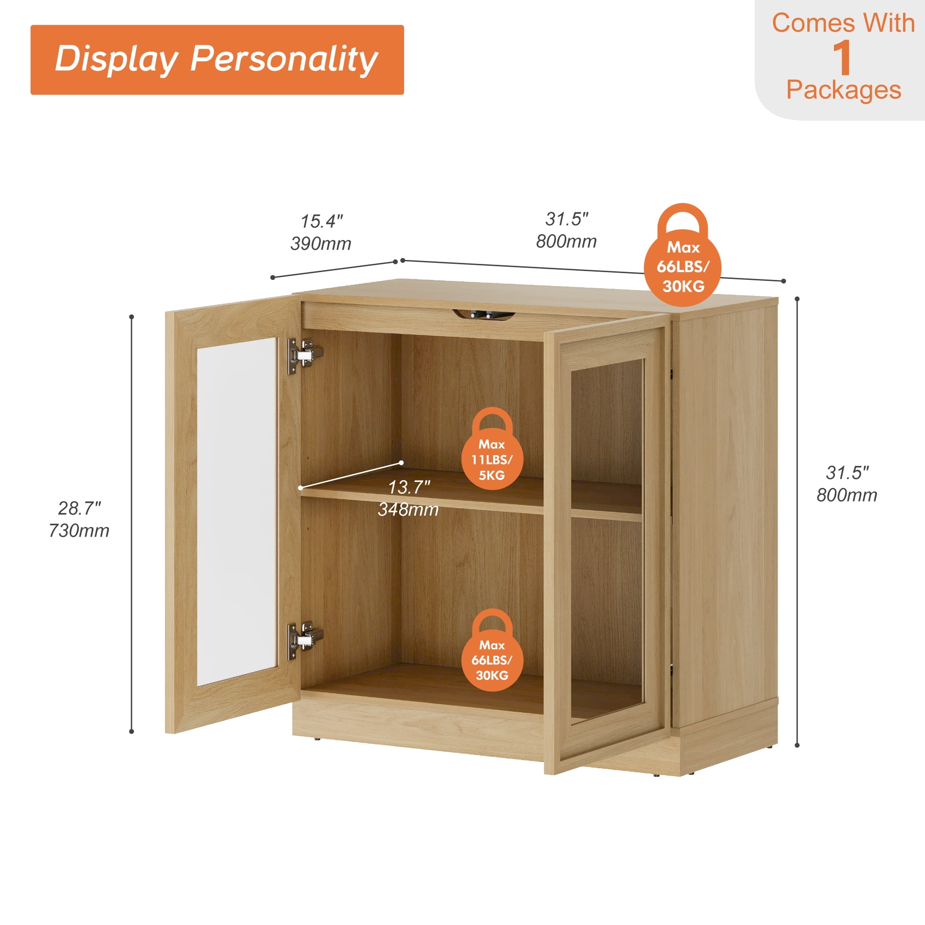 31.5" Modern Sideboard Buffet Cabinet with 2 Glass Doors, Multifunctional Sideboard with Large Storage and Adjustable Shelf, Oak